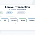 Laravel トランザクション設計でDB更新、rollback、外部連携、ジョブ投入を整理する図