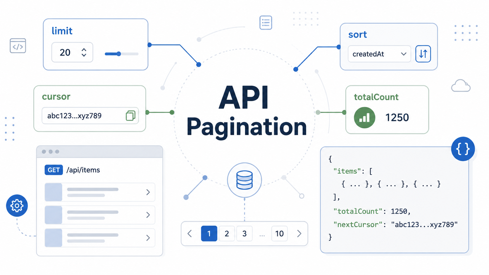 REST API ページング設計でlimit offset、cursor pagination、sort、total countを整理する図